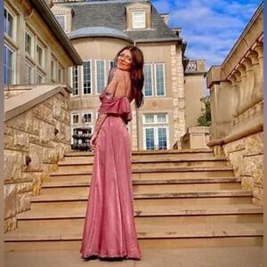 Lulus Moriah Rose Satin Cold-Shoulder Wrap Long Maxi Dress Size Medium Ruffle